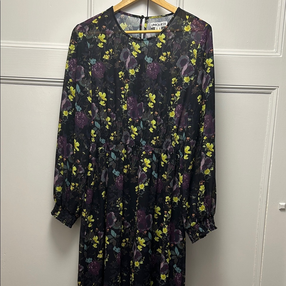 Unique21 Floral Long Sleeve Dress in Black with Purple and Yellow